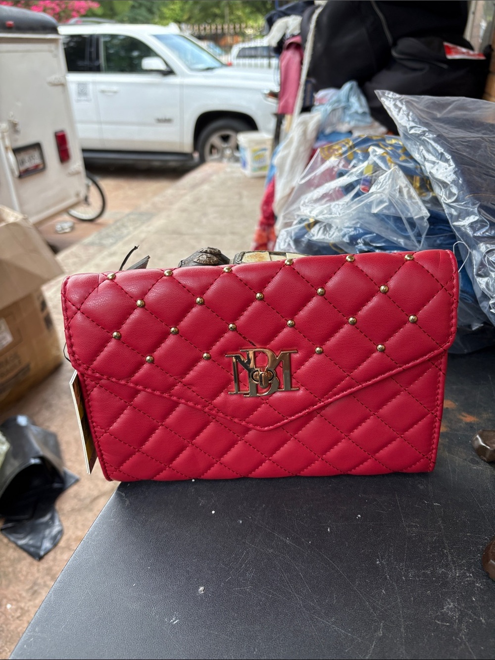 Quilted Red Crossbody Bag with Gold Logo Accent